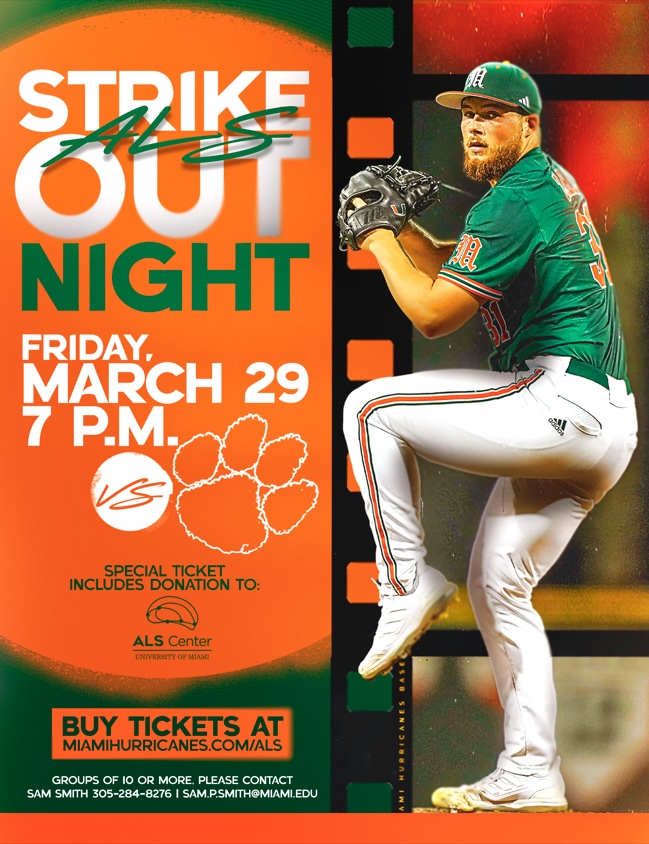 Join us at Alex Rodriguez Park - Mark Light Field as the Miami Hurricanes take on Clemson Tigers to #StrikeOutALS. A donation towards the Center will be made with every ticket purchased. Support the #ALS Center @umiamimedicine. Get Tickets: fevo-enterprise.com/event/SOALS2024