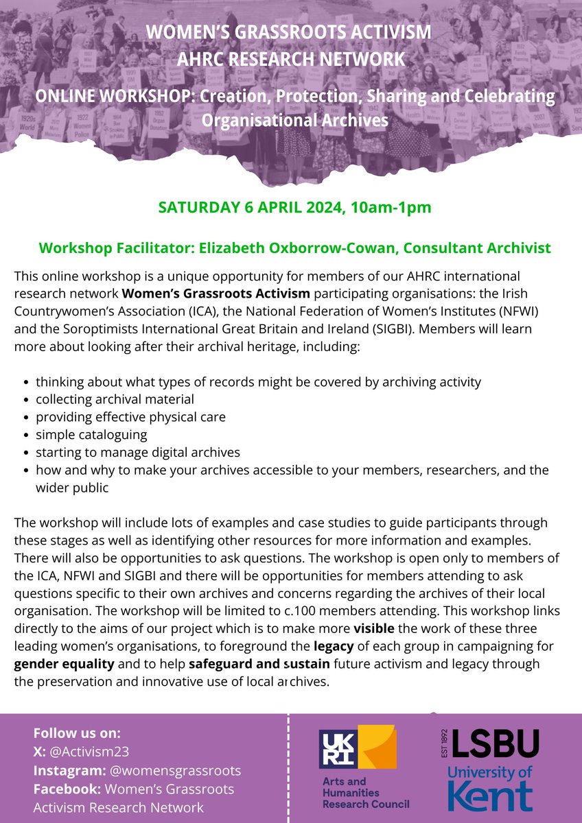We invite members of our participant orgs (@WomensInstitute @SIGBI1 @IrelandICA) to this online workshop, where you can learn more about archiving your organisation’s heritage - on 6 April, 10-1pm Sign up here: eventbrite.co.uk/e/ahrc-womens-…