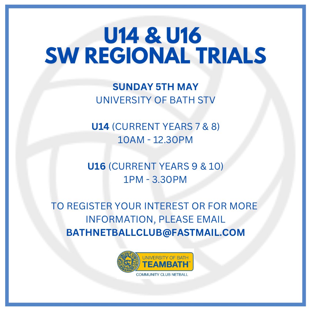 TeamBathNetballClub (@teambathnc) on Twitter photo With Avon and Regional play offs earlier this year, we are holding trials on Sunday 5th May - U14s 10am - 12.30pm & U16s 1pm - 3.30pm.
Interested players should contact bathnetballclub@fastmail.com for more information & the registration form ๐๐ With Avon and Regional play offs earlier this year, we are holding trials on Sunday 5th May - U14s 10am - 12.30pm & U16s 1pm - 3.30pm.
Interested players should contact bathnetballclub@fastmail.com for more information & the registration form ๐๐