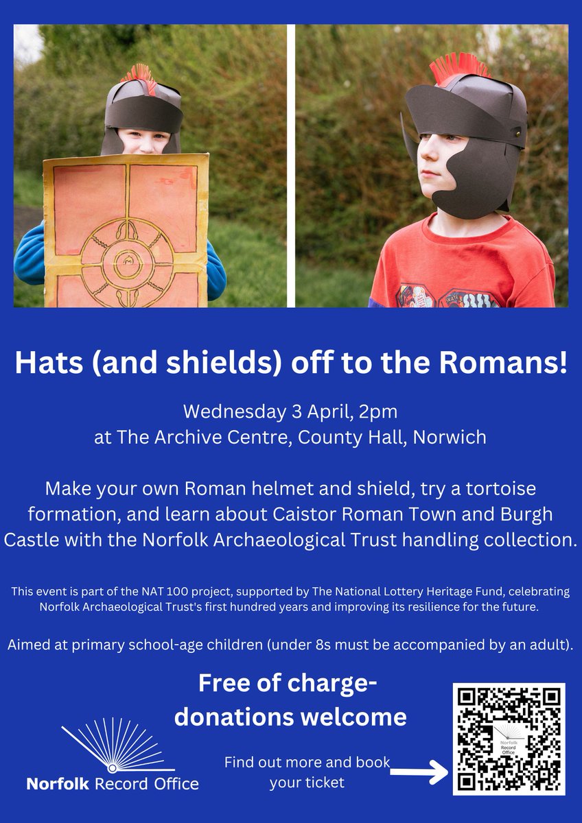 NorfolkRO's tweet photo. Hats (and shields) off to the Romans! Places still available for our free holiday activity. Book today to join us on Wed 3 April. https://t.co/d55odorWSg #holidayactivity #easterholidays #schoolholidays #NAT100 https://t.co/17nMBusFSb
