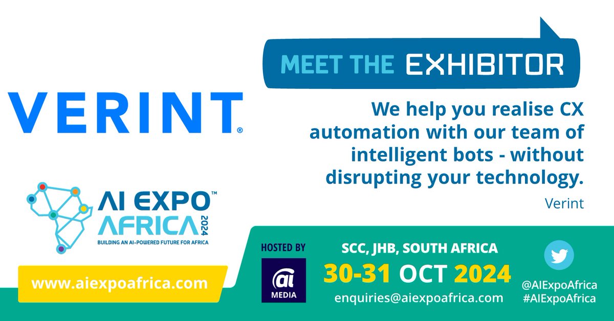 NEWS: We welcome Verint as an exhibitor at the 7th Edition of @AIExpoAfrica 2024 – Join Africa’s largest B2B Smart Tech Event aiexpoafrica.com #AIExpoAfrica #SouthAfrica #Gauteng #Johannesburg #AI #RPA #IA #IntelligentAutomation #ArtificialIntelligence #Africa #AI4Good