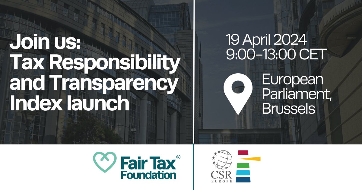 Join us on April 19 at European Parliament for the launch of the Tax Responsibility & Transparency Index Co-hosted by MEP @paultang, the event will feature speakers from @PRI_News, @lunduniversity, @EU_Commission + pioneering multinationals More info ➡️ greg@fairtaxmark.net