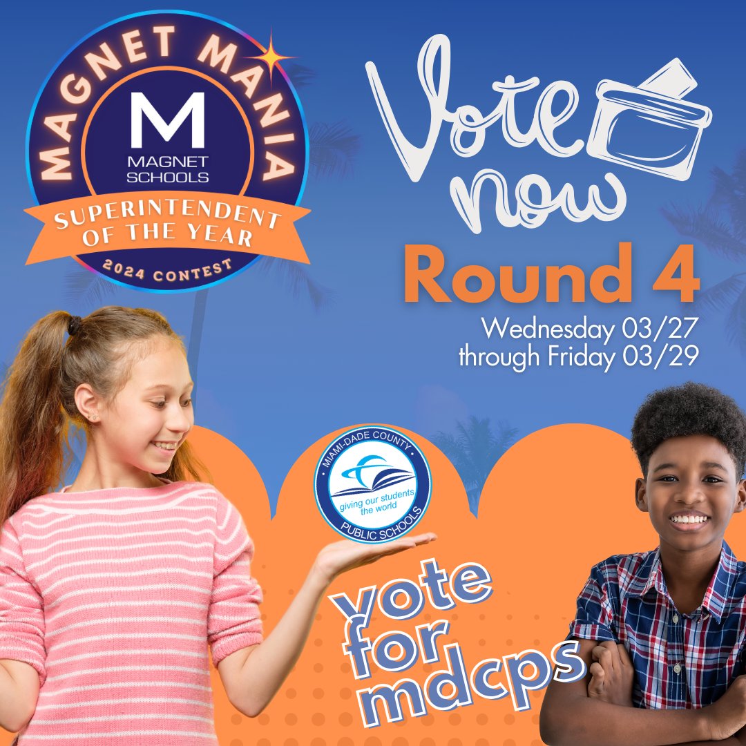 Every vote counts! Let’s rally together and cast our votes for M-DCPS in the Magnet Mania SOY Contest! Voting is open from 03/27 to 03/29. Let’s make it happen! 🗳️ Vote here: shorturl.at/pFGP1
#YourBestChoiceMDCPS #MagnetMania