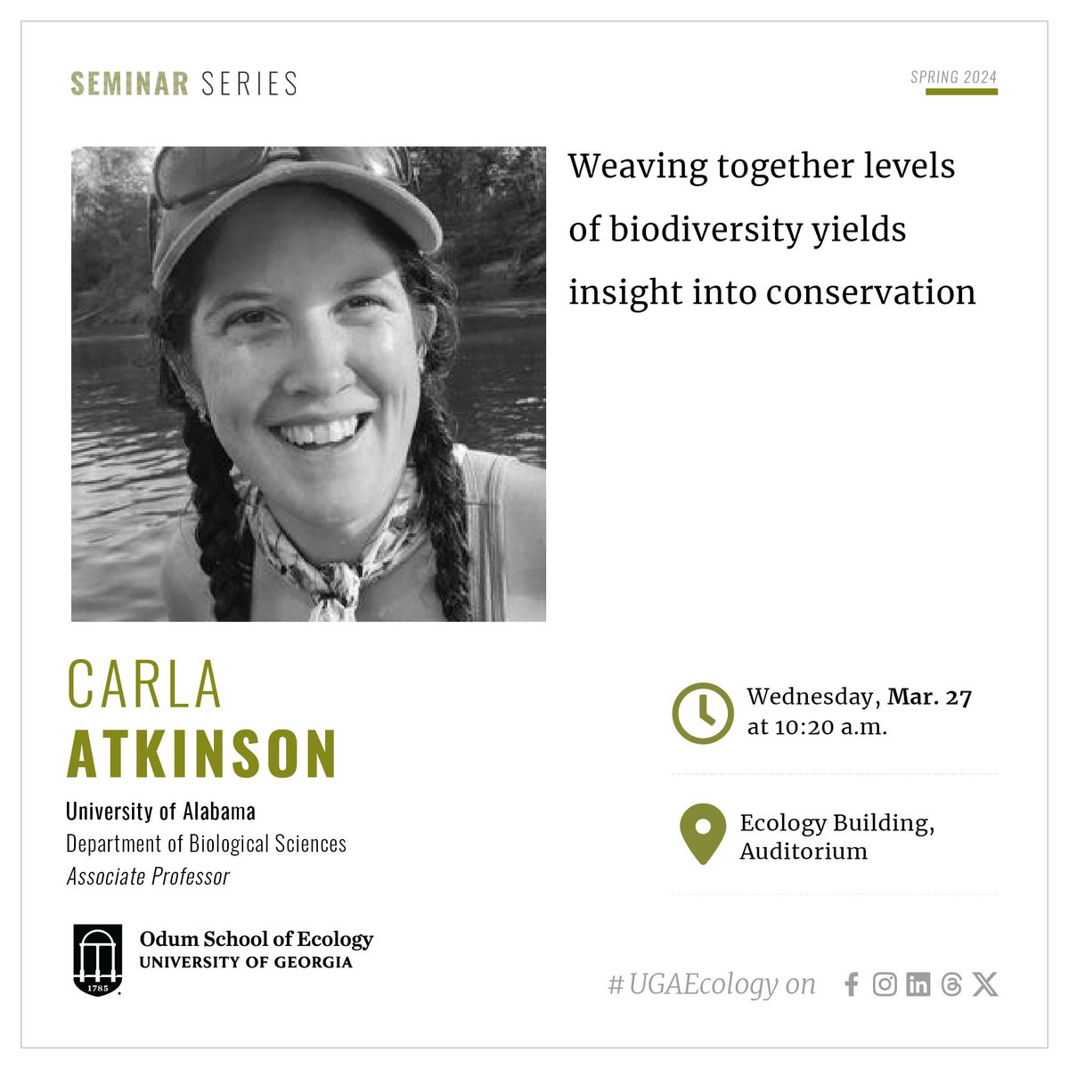 Join us TODAY for an ecology seminar with @carlalatkinson of the University of Alabama: 'Weaving together levels of biodiversity yields insight into conservation' Hope to see you there!