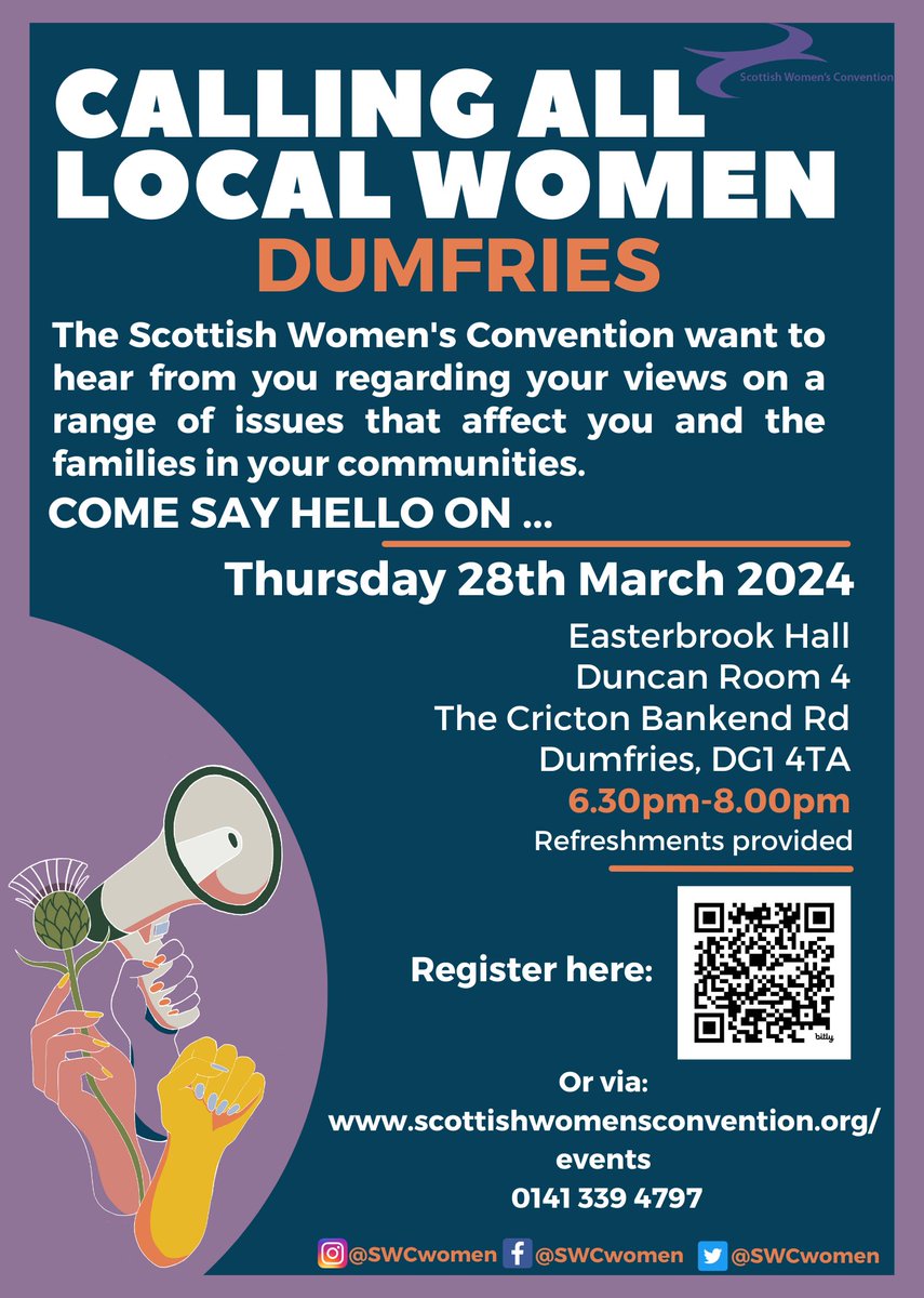 Our 2024 roadshows are kicking off in Dumfries tomorrow! 🏴󠁧󠁢󠁳󠁣󠁴󠁿 Calling all local women📣 Join us for a chat and share your thoughts on life in Dumfries. Don't miss out and secure your spot now 👇 bit.ly/3IjsNLK #dumfries #SWCRoadshows #dumfriesevents