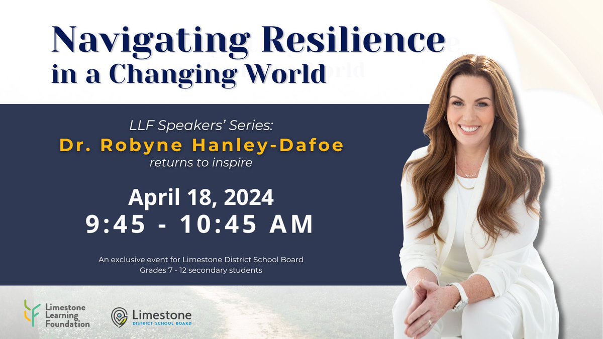 🌟 Dr. Robyne Hanley-Dafoe returns with 'Navigating Resilience in a Changing World' 📚 April 18, 9:45 AM - for @LimestoneDSB Grades 7-12. Don’t miss out on expanding your mental health and resilience toolkit! #Resilience #MentalHealthAwareness Learn more: bit.ly/3vsZyDc