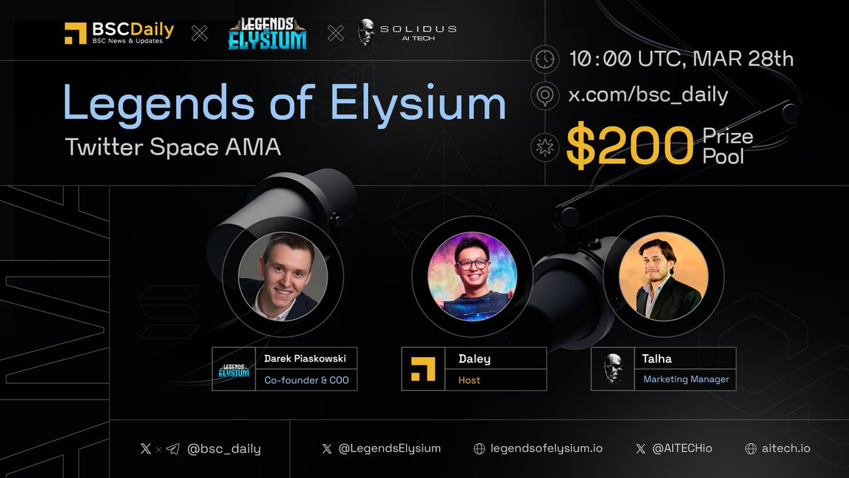 We're excited to host an X Space AMA with <a href="/LegendsElysium/">Legends of Elysium</a> &amp; <a href="/AITECHio/">AITECH</a>
 
📍 Listen Live: x.com/i/spaces/1Mnxn…
🗓 Date: Mar 28th, 10:00 UTC

💵$𝟐𝟎𝟎 #Giveaways ⬇️

1️⃣ Follow <a href="/LegendsElysium/">Legends of Elysium</a> &amp; <a href="/AITECHio/">AITECH</a> 
2️⃣ Ask questions!
3️⃣ Like &amp; RT

#Sponsored