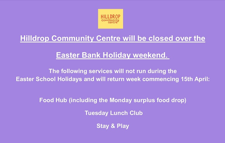 Our centre will be closed over the Bank Holiday Weekend and some of our services will be suspended while our Easter Holiday Play Scheme runs from the 2nd to the 12th April.