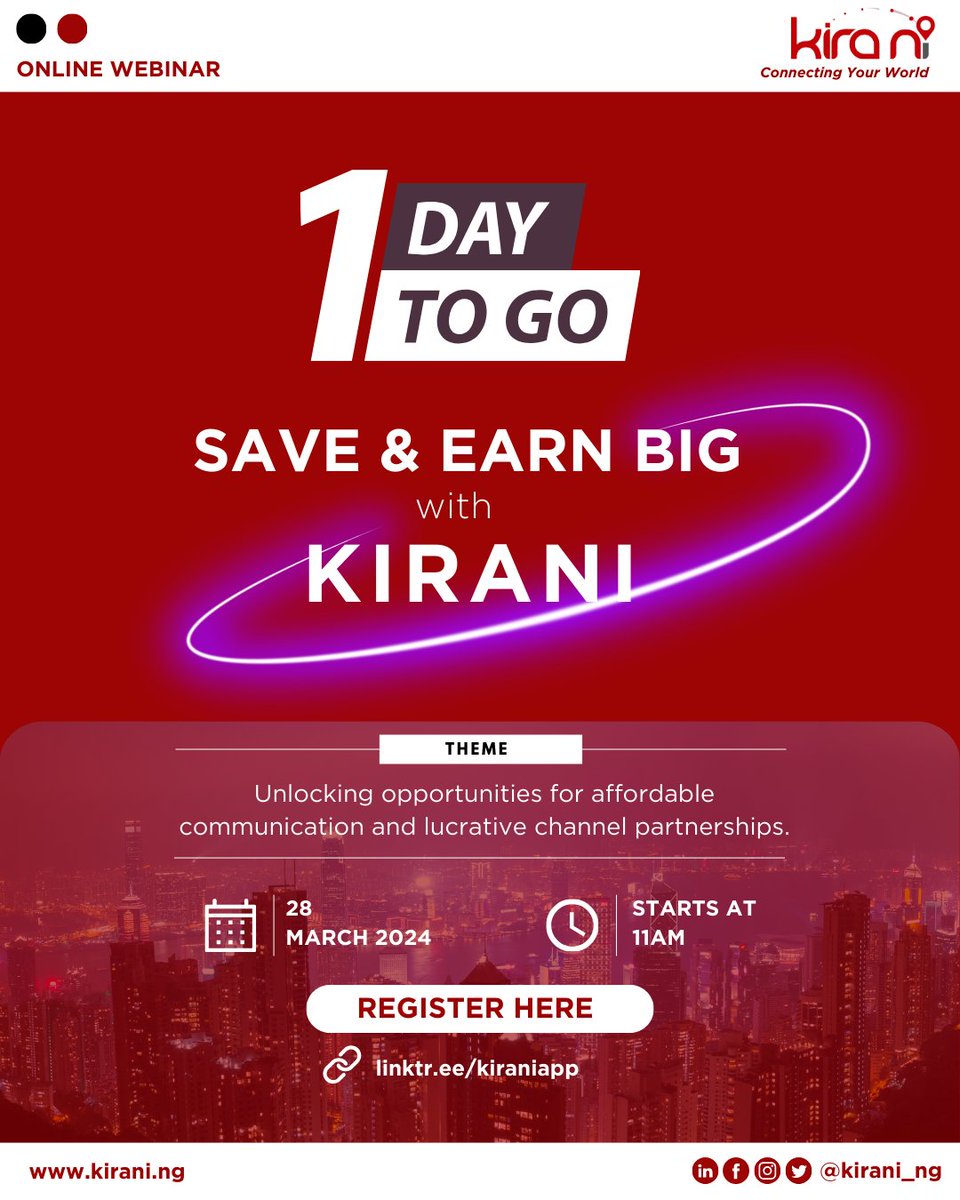 Kirani_ng's tweet image. Counting down! Just 1 day until our Kirani webinar!

Learn how to cut call costs and boost earnings.

Register now via the link in our bio!

#kiraniwebinar #saveandearn #telecomsolutions #webinaralert #roamingsolutions #callcostsavings