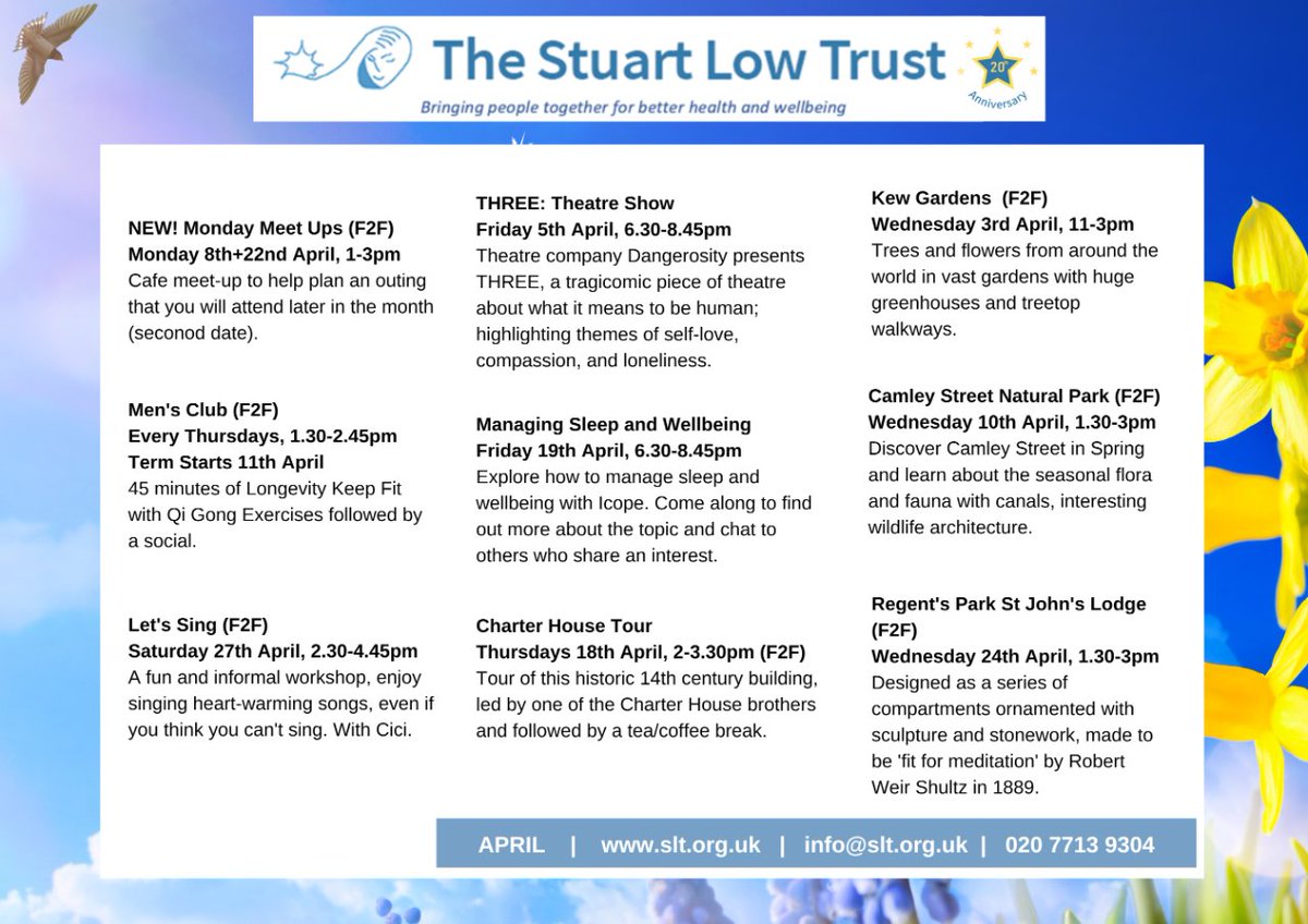 April Calendar of Events See anything of interest? Sign up at info@slt.org.uk or 020 7713 9304 #TheStuartLowTrust #wellbeing #mentalhealth #explore #eventslondon #healthylifestyle #WellnessJourney #HealthyMind #MentalWellbeing #SelfCare #Positivity #freeevents #freeeventslondon
