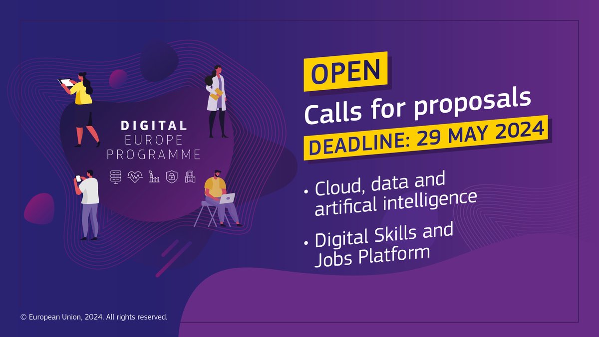 Check out the open calls under #DigitalEUProgramme:

🔸Cloud, data, and artificial intelligence (3 topics)
🔸Digital Skills and Jobs Platform

Apply by 29 May 2024!
hadea.ec.europa.eu/calls-proposal…
