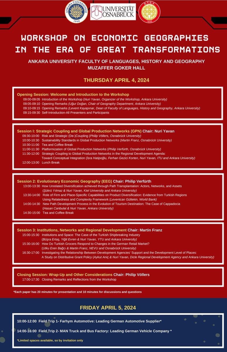 <a href="/AnkaraUni/">Ankara Üniversitesi</a> Coğrafya Bölümü’nün <a href="/UniOsnabrueck/">Uni Osnabrück</a> Coğrafya Bölümü işbirliğiyle düzenlediği “Küresel Üretim Ağları (GPN)” ile “Evrimsel Ekonomik Coğrafyayı (EEG)” buluşturmak temalı uluslararası çalıştay 4 Nisan 2024 tarihinde DTCF <a href="/AU_DtcfResmi/">Dil ve Tarih-Coğrafya Fakültesi</a> Muzaffer Göker Salonunda yapılacaktır+