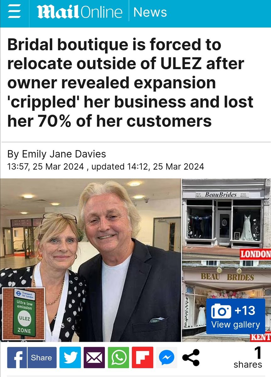 This woman must be the unluckiest business person in the South of England. Across both inner and outer London, 95% of vehicles overall seen driving now comply with ULEZ. Amazing that 70% of her customers are among the 5%. I'm told the two Bridal boutiques in Bexley are fine.