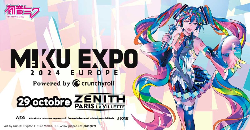 A l’occasion du 10ème anniversaire du MIKU EXPO Tour, Hatsune Miku revient en concert en Europe pour 6 dates. Elle vous donne rendez-vous le 29 octobre prochain au Zénith Paris - La Villette ! Prévente sur AEG Presents France mardi 2 avril à 10h bit.ly/HatsuneMikupre…