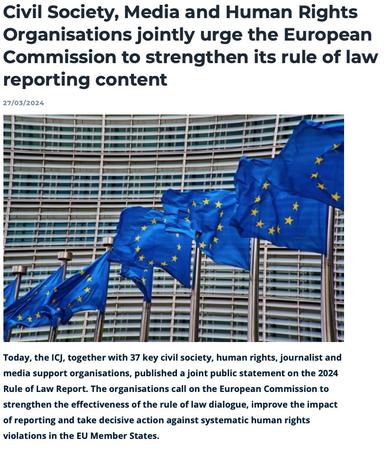 Today, @ICJ_org together with 37 NGOs calling on @EU_Commission to keep the Rule of Law as top priority its next programme🇪🇺 The statement includes 8 recommendations to further strengthen transparency, participation and effectiveness of the Rule of Law 🔗icj.org/civil-society-…