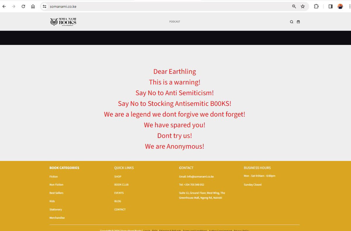 wendy_njoroge_'s tweet photo. The last 30 hours have been like something out of the twilight zone. We woke up to the Intrusion and complete manipulation of the @SomaNamiBooks website.
As a Pan-African bookstore we take great pride is housing a diversity of thoughts and ideas https://t.co/dPnzYjOsZV