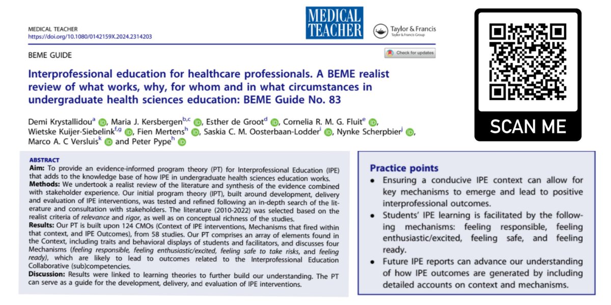 📄 New BEME guide adds to body of knowledge on successful interprofessional education in healthcare. 
🧑🏼‍🏫👩‍🏫 A scientifically underpinned practical guidance for curriculum developers describing mechanism of effective IPE.
🔍 A must-read for teachers in healthcare!