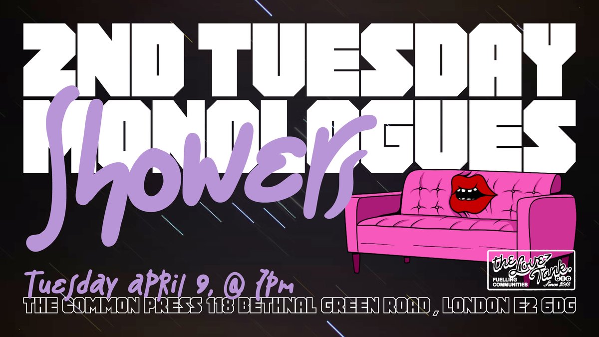📢 Second Tuesday Monologues is back!

🗓️ Tuesday 9th April 2024; 7pm doors open - 7.30pm kick off

➡️ April's theme is Showers

➡️ We're at <a href="/TheCommonPress/">The Common Press Bookshop</a> London E2

➡️ FREE tickets - link.outsavvy.com/stm-showers