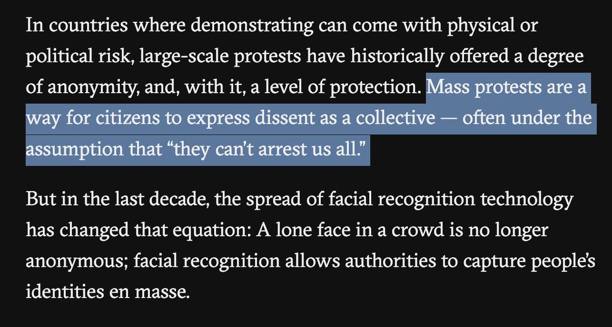 it seems obvious that facial recognition defeats the most empowering characteristic of mass protest (anonymity in a crowd) but i think we've yet to reckon with the effect this will have on free speech in countries like the UK restofworld.org/2024/facial-re…