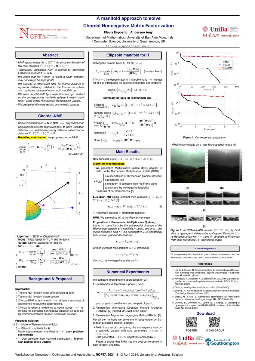 Here is my another poster for NOPTA in Belgium, joint work with <a href="/Fla_Esposito/">Flavia Esposito</a>

TLDR
- Instead of Euclidean distance, we switch to distance on sphere for NMF
- using Riemannian gradient method 
- we propose a cheap projection-free update for H
- still many open problems ...