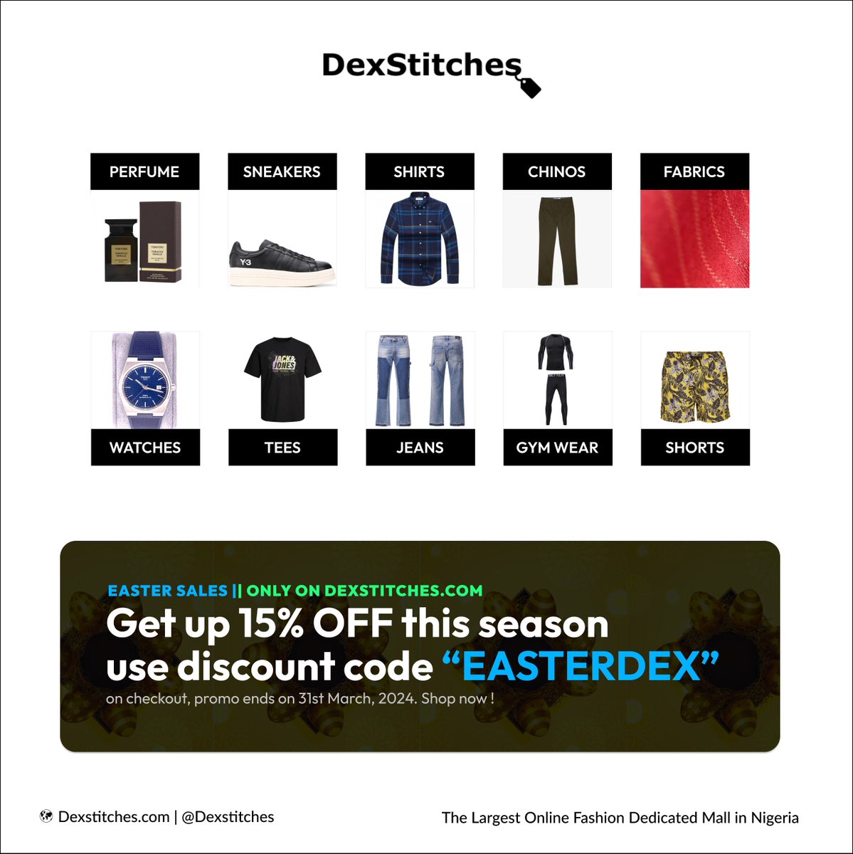 DEXSTITCHES's tweet photo. Hello Dexicons ,
We have decided to March forward with an exclusive End of the year Easter promo on every product live on https://t.co/FsxoCXgPHP 

Don’t miss out on this opportunity,Shop now and elevate your look today❤️ https://t.co/F5dEAEPHpi