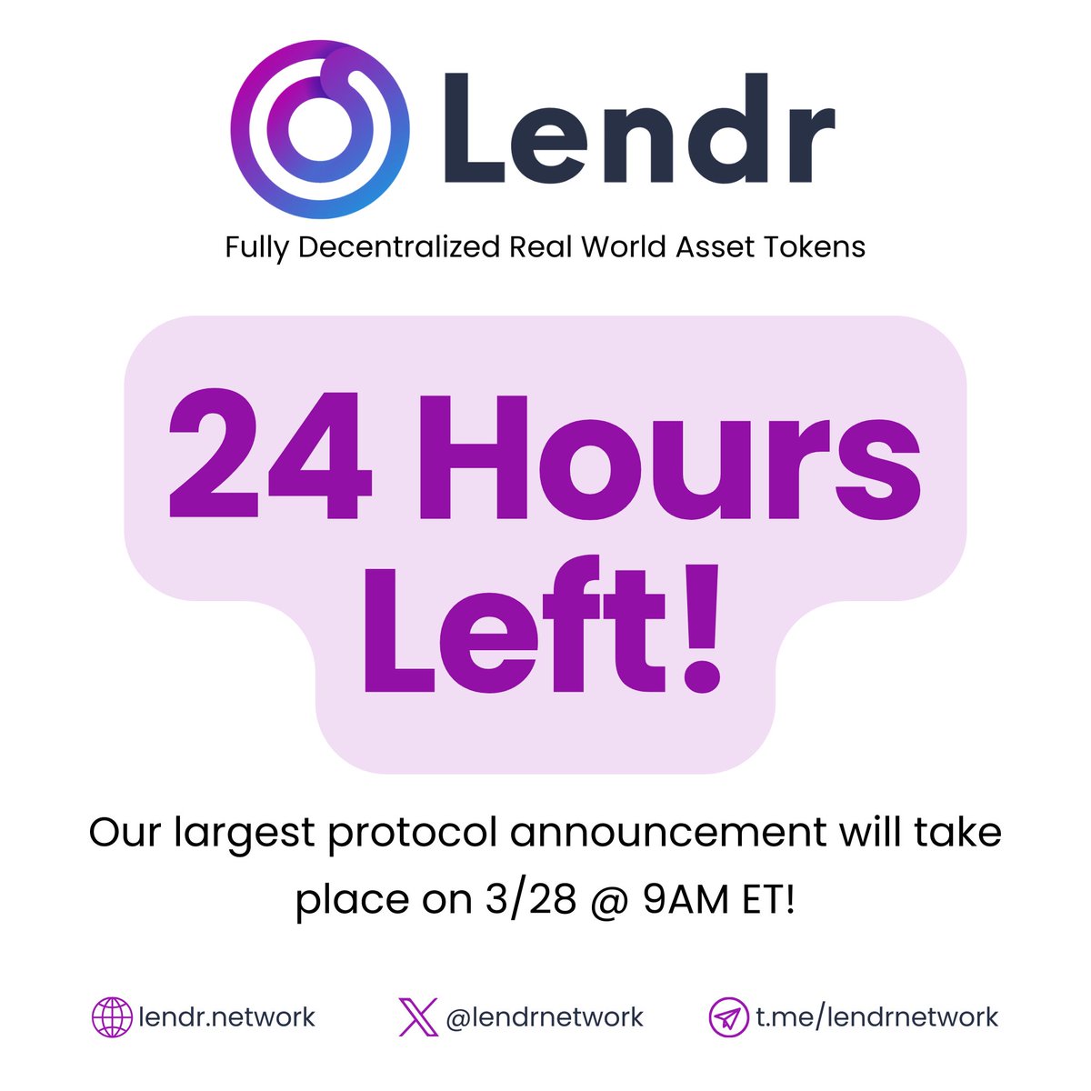 📢 Stay tuned for @lendrnetwork's largest protocol announcement in 24 hours! We'll be taking fully decentralized #RWA tokenization to the next level!