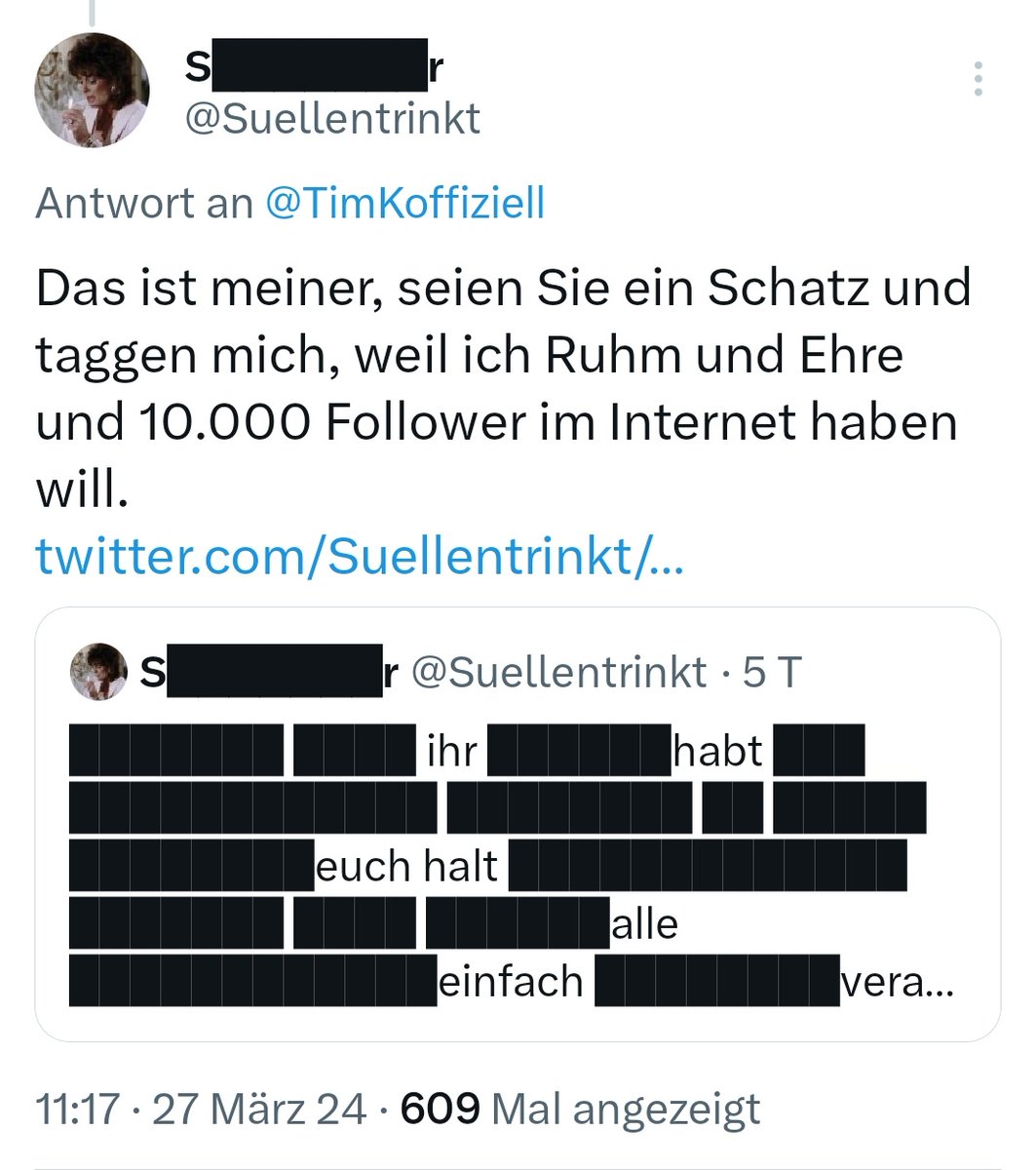 Verhelft @Suellentrinkt zu Ruhm, Ehre und 10.000 Followern im Internet. Alleine für diesen Tweet hat sie es verdient ✊️