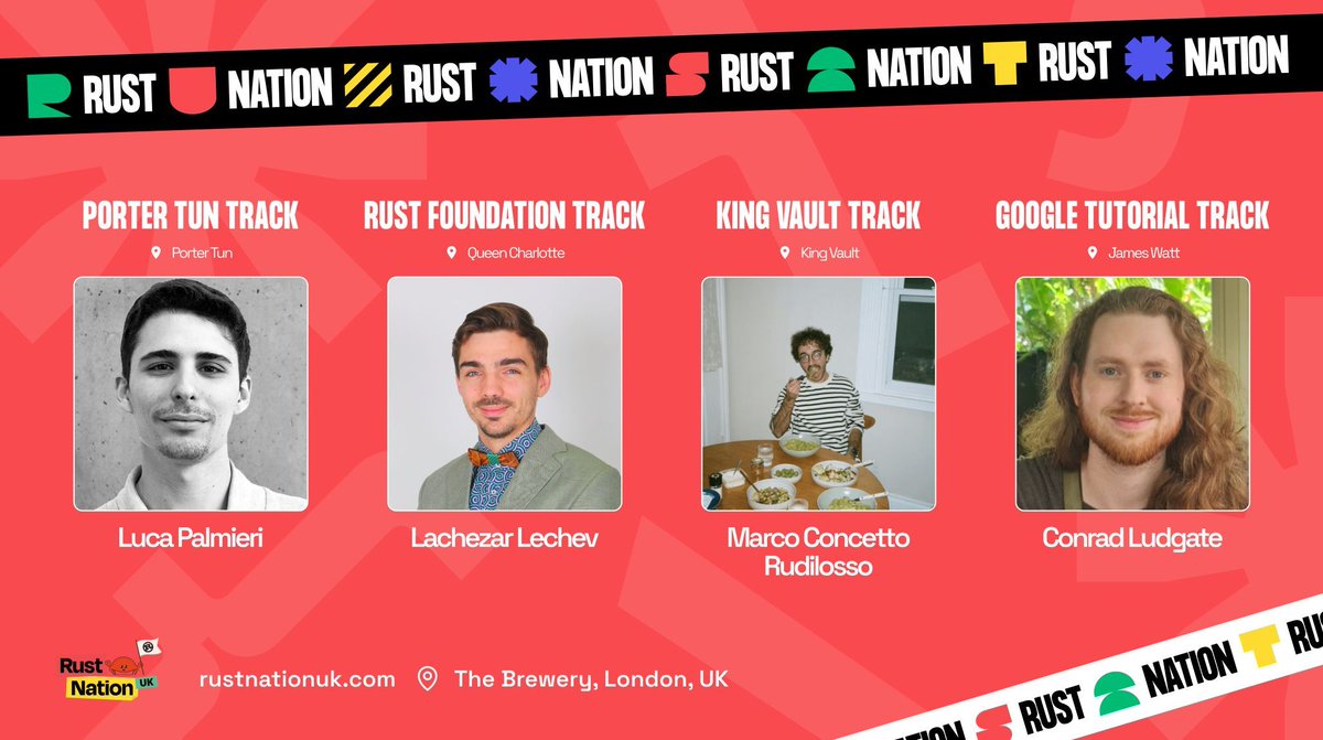 RustNationUK's tweet photo. Our next sessions are being delivered by @algo_luca, @elpiel_, @procmarco, and @ConradLudgate.
Learn all about Pavex, typed for safety, building a profiler for web assembly, and how to use the Type system for fun.
#rustnatinuk24 #rustnationuk #rust #webassembly #pavex https://t.co/zz90wosY2C