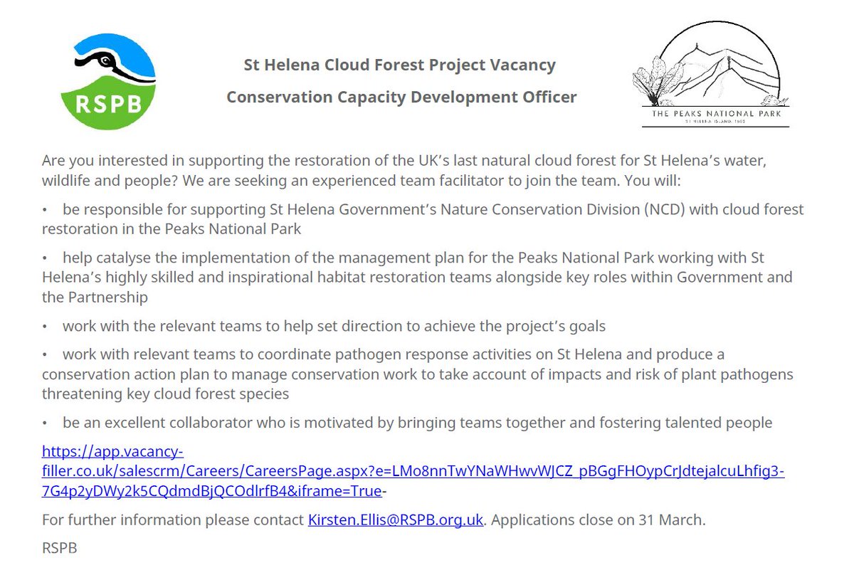 We are seeking a Conservation Capacity Development Officer – Fixed Term, to begin work ASAP! 🗝️🌳☁️ If you think this role is role is right for you, visit ow.ly/NbzQ50R31i5 Deadline for applications is 31 March, so don’t hesitate, APPLY NOW! 📝 #SHCFP #Vacancy