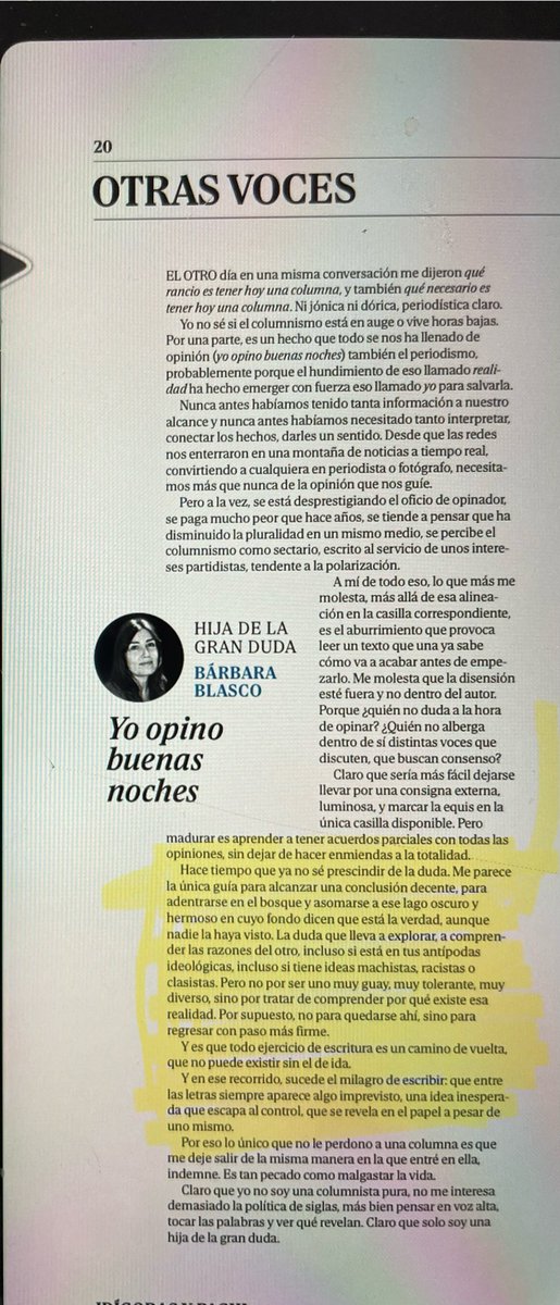 Del milagro de escribir y el beneficio salvífico de la duda. Imprescindible #BárbaraBlasco en ⁦<a href="/elmundoes/">EL MUNDO</a>⁩ hoy. Gracias Hija de la gran duda. Una vez más.