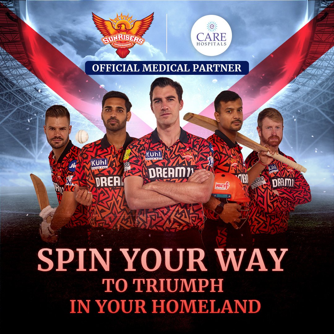 Sending our heartfelt best wishes to Sunrisers Hyderabad as they gear up to face Mumbai Indians in their homeland, Hyderabad! #CAREHospitals #SunRisersHyderabad #OfficialMedicalPartners #GoodLuckSunrisers #CARESupportsSRH #SRH
