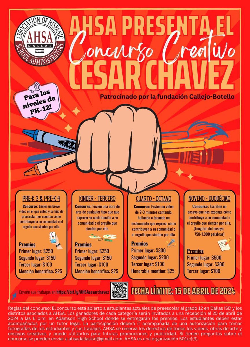 The Cesar Chavez Creative Competition is now open to all PreK—12th grade students in Dallas ISD and AHSA partnering districts. Win prizes! See details in the flier and submit your entries by April 15. Brought to you by AHSA and the Callejo-Botello Foundation. Good luck! 🎨