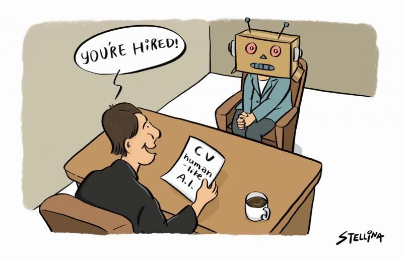 Job interview. Cartoon by @toonsbystellina: buff.ly/3xaJFlj #AI #artificialintelligence #job #employmnet #humans