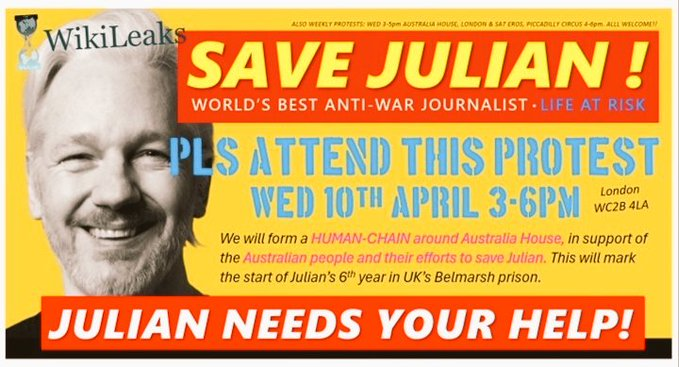 LONDON 🇬🇧
There will be a #HumanChain, around Australia House.  Wednesday 10th April 3-6 pm. Solidarity with #JulianAssange Can ANY so-called 'assurances' from the USA about his safety be believed? #Assange must NOT be Extradited and must be freed. His life is in jeopardy!!