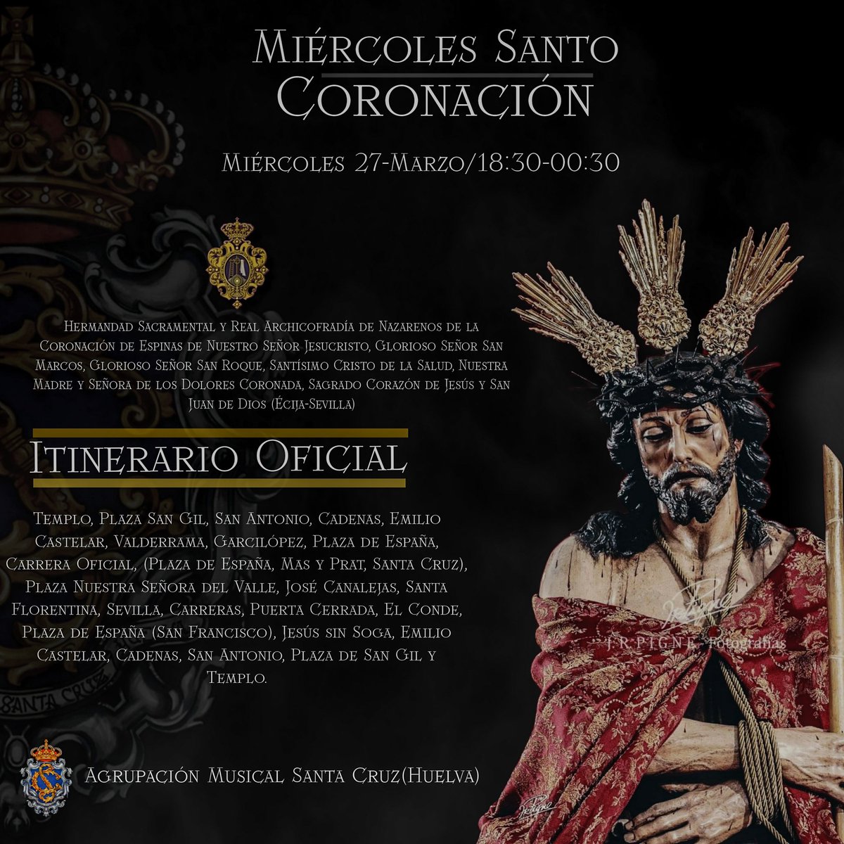 ✝️ @hermandadsangil Hermandad Sacramental y Real Archicofradía de Nazarenos de la Coronación de Espinas de Nuestro Señor Jesucristo, San Marcos, San Roque, Santísimo Cristo de la Salud, Nuestra Señora de los Dolores, Sagrado Corazón de Jesús y San Juan de Dios de Écija.