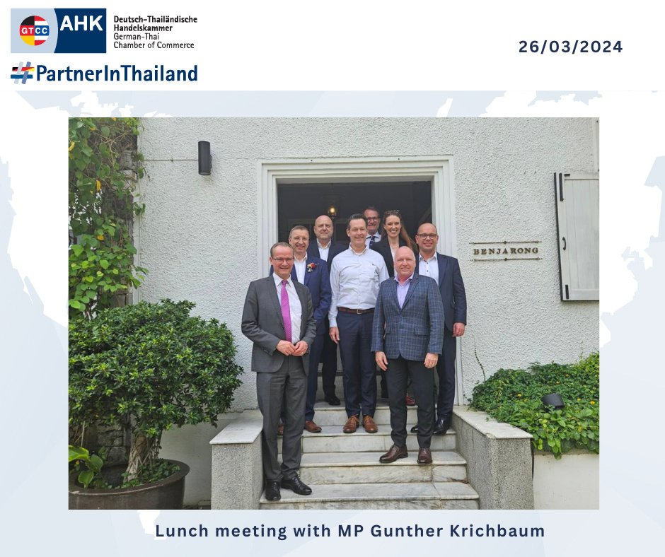 🤝#GTCC Activity🤝 📌 [26/03/24] Lunch meeting with Mr. Gunther Krichbaum, Member of the 🇩🇪 @Bundestag & European Policy Spokesperson of the CDU/CSU Parliamentary Group, on the occasion of his visit to 🇹🇭. The meeting was hosted by @CelineACaro @KASonline. #PartnerInThailand