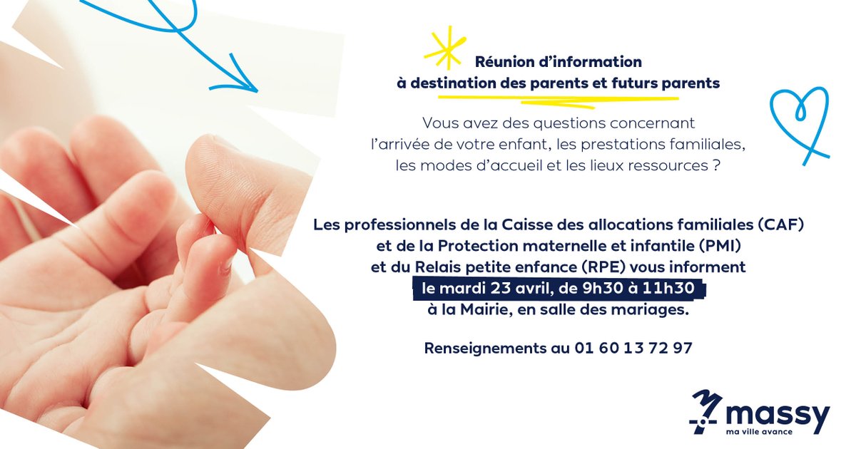 👨‍👩‍👧‍👦📢Réunion d’information pour parents et futurs parents !📢👨‍👩‍👧‍👦 👶 Venez poser toutes vos questions sur l'arrivée de bébé, les aides familiales et bien plus encore ... 🗓️ Mardi 23 avril, 9h30 à 11h30 à la Mairie 📞Renseignements au 01 60 13 72 97 #Parentalité #InfosBébé