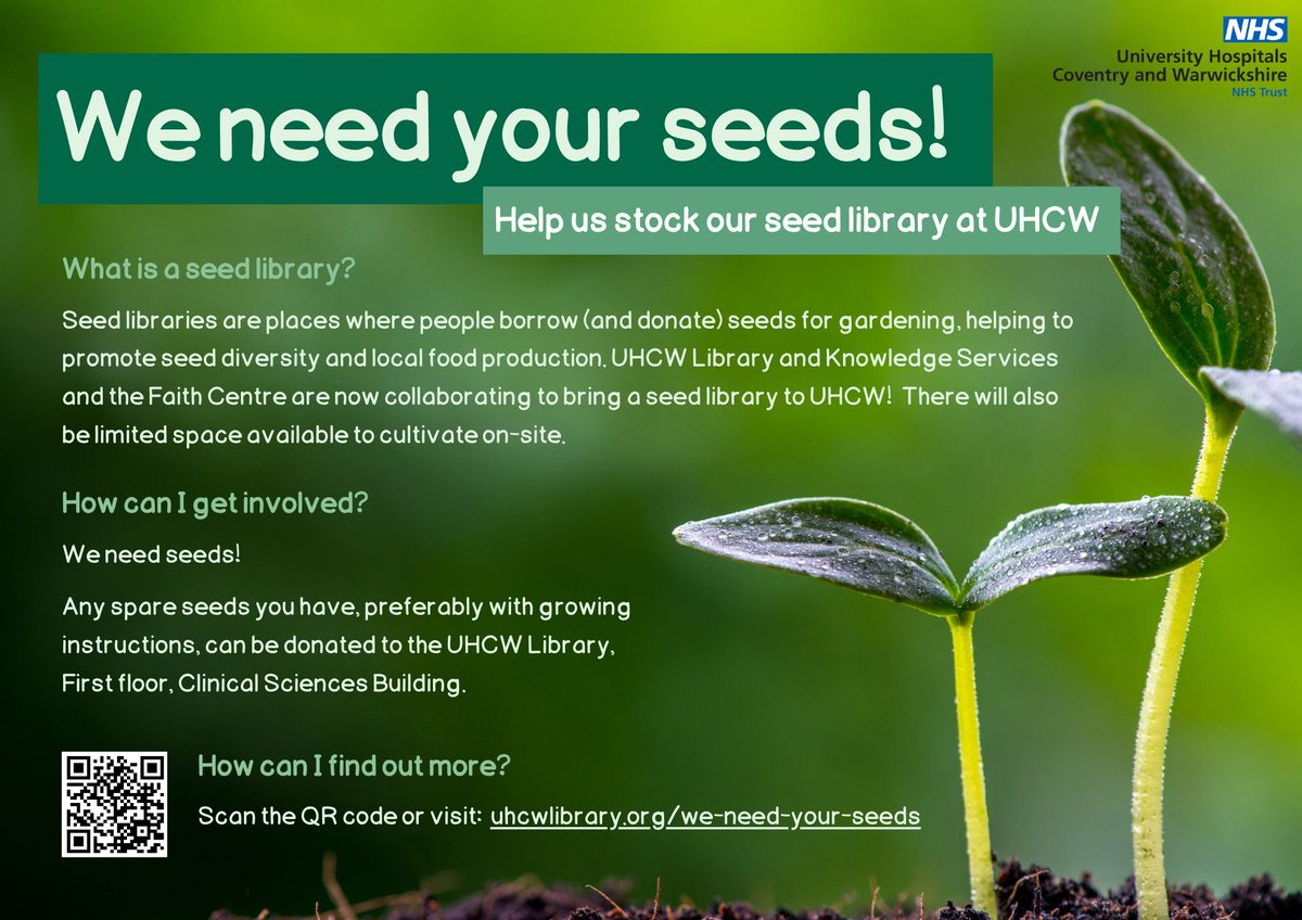 We're excited to reveal that we've been working behind the scenes to establish a new seed library at @nhsuhcw! We're currently looking for donations of seeds to help kick-start our collection. Find out more about how you can get involved below... #TeamUHCW uhcwlibrary.org/we-need-your-s…