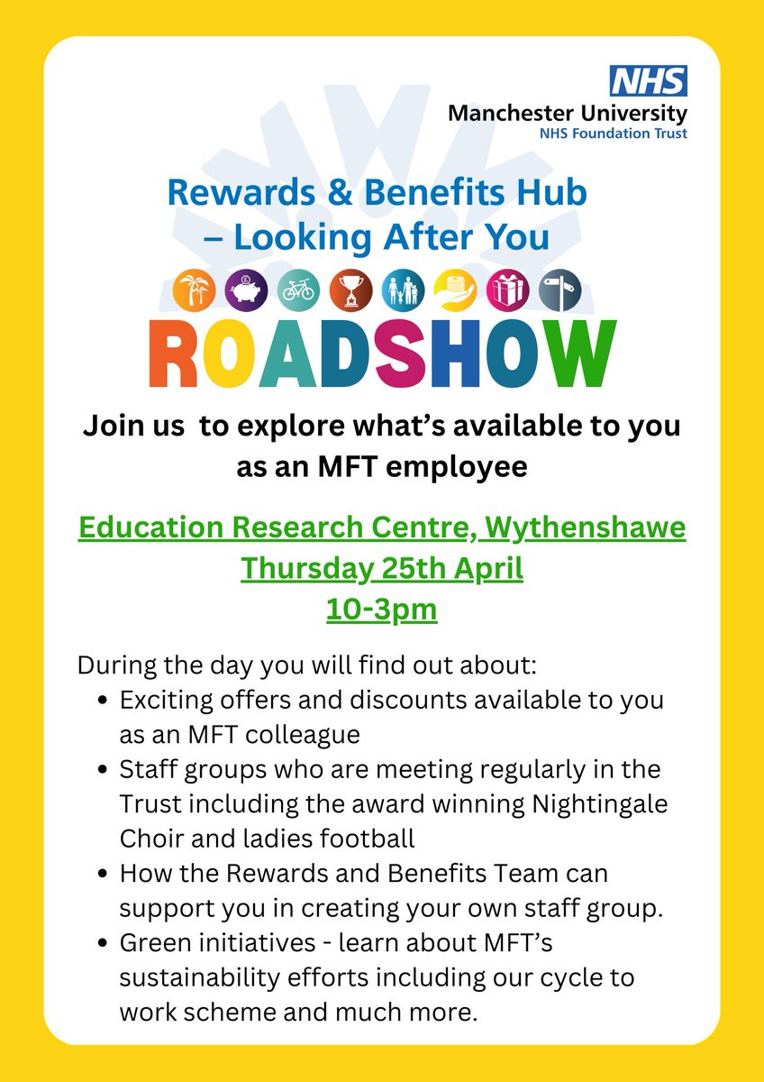 📆Date for your diary! 25th April, the Rewards and Benefits Looking After You Roadshow is coming to @WythenshaweHosp ERC! Spread the word and let colleagues know!