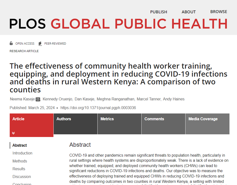 This study measured the effectiveness of deploying trained & equipped CHWs in reducing COVID-19 infections &deaths by comparing outcomes in two counties in Western Kenya, a setting with limited critical care capacity & limited access vaccines & antivirals. plos.io/4as1Xgj