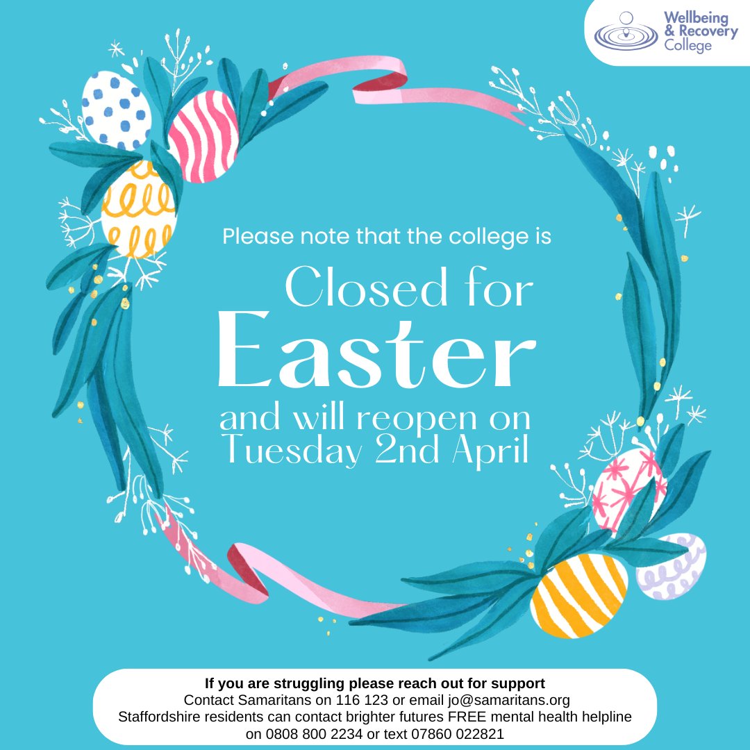 Wishing all our students that celebrate it a happy Easter!🍫🐣 please be aware the college is closed, and will reopen Tuesday 2nd April. If you are struggling during this time please reach out for support, you can contact Samaritans 24/7 on 116 123 or email jo@samariatans.org