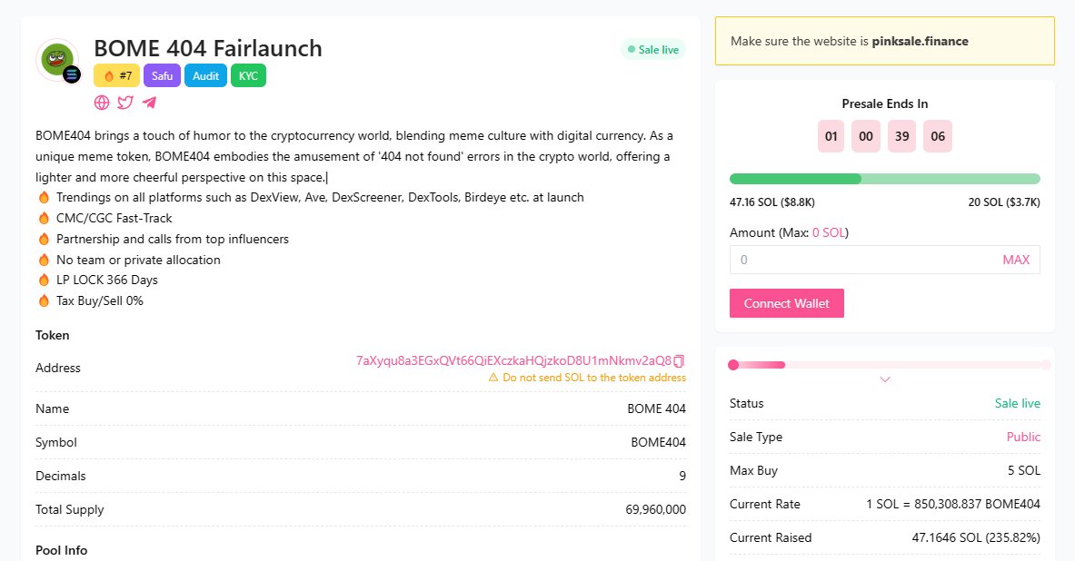 🚀 SAFU COMPLETED FOR BOME 404 

🎁 GIVEAWAY: $20 (48 hours)

1⃣ Follow <a href="/memebome404/">Me Me Bome 404</a> &amp; <a href="/CoinsultAudits/">Coinsult - Audits & Development</a> 
2⃣ Like + RT this tweet
3⃣ Place a comment 💬

Go check out the Fair Launch of BOME 404 on #pinksale 👇
beta.pinksale.finance/solana/launchp…

#solana #fairlaunch #safu #crypto #giveaway
