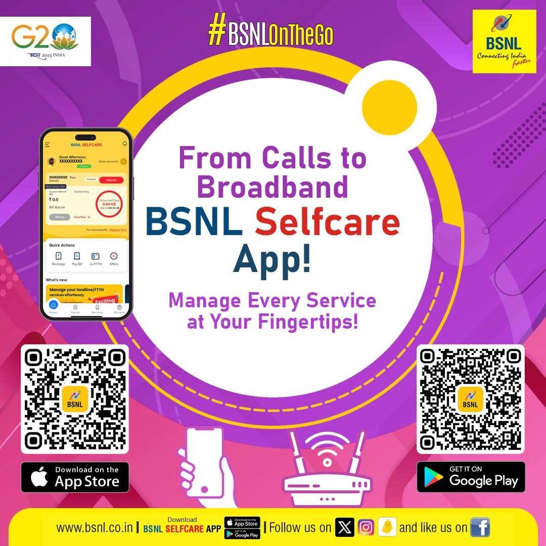 From Calls to Broadband: #BSNLSelfcareApp - Manage Every Service at Your Fingertips! All-in-One Solution for Landline/FTTH and Mobile Services. Google Play: bit.ly/3H28Poa App Store: apple.co/3oya6xa #BSNLOnTheGo #BSNL #DownloadNow