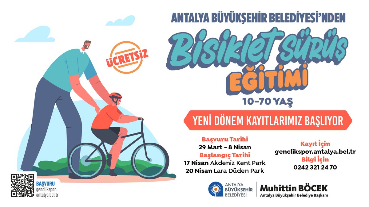 Pedal çevirmeye davetlisin Antalya! Antalya Büyükşehir Belediyemizin düzenlediği Ücretsiz Bisiklet Sürüş Eğitimi, 10-70 yaş arası katılımcılarını bekliyor. 🤩 Başvuru tarihleri: 29 Mart-8 Nisan Kayıt için: genclikspor.antalya.bel.tr Bilgi için: 0 242 321 2470