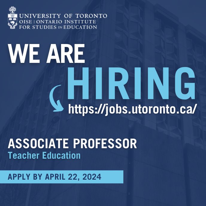 Mid-Career #TeacherEd friends! We are hiring at the <a href="/OISEUofT/">OISEUofT</a>! Come be my departmental colleague in <a href="/CTLOISE/">CTL | OISE</a>!

Deadline is April 22nd! 

Info + App: jobs.utoronto.ca
