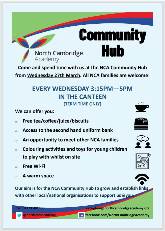 We are incredibly excited to launch the first Community Hub for NCA Families from 3.15pm to 5pm today. #ProudToBeNCA #Community