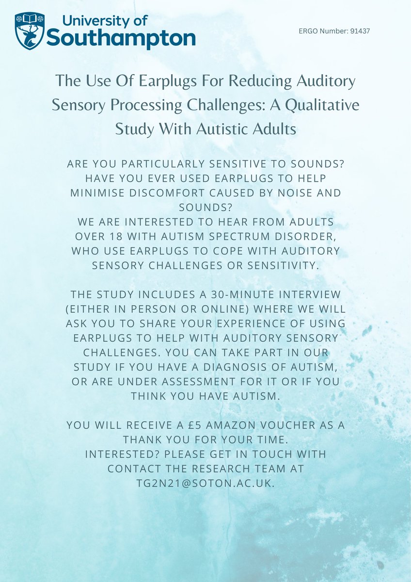 Taya (a student I am working with at @SotonPsych) would like to know more about the experience of autistic adults who use earplugs for reducing auditory sensory challenges. Thanks for sharing this poster with whoever may be interested taking part to her research project!🙏