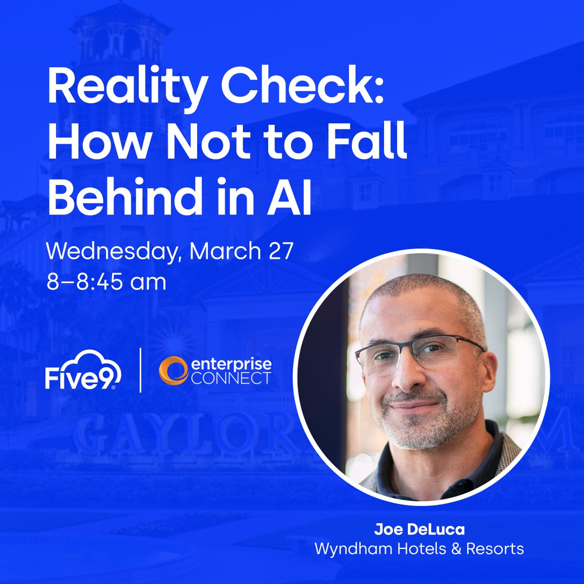 Five9's tweet photo. IN 30 MINUTES! Want to learn how to navigate #AI developments without getting lost in technical jargon? Join our panel with #Five9 customer @WyndhamHotels and @opusresearch. Don't miss it! #EnterpriseConnect #EC24 #EC #CX @enterprisecon 
https://t.co/YwKWbP9eJe https://t.co/ohWXhGr0vz
