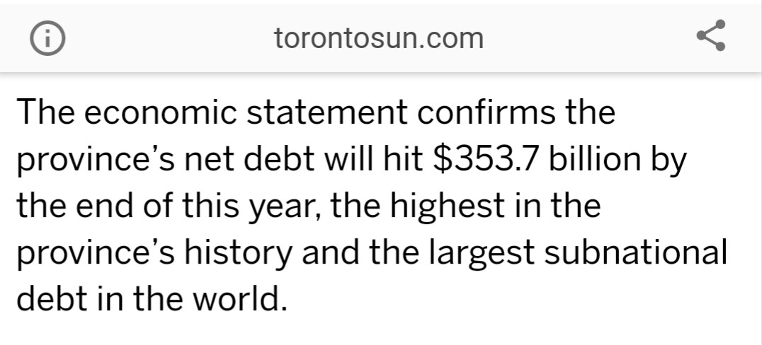 Under Ford, the provincial debt has soared by $116 billion to $462.9 billion, the largest debt of any subnational jurisdiction in the world. 🇨🇦