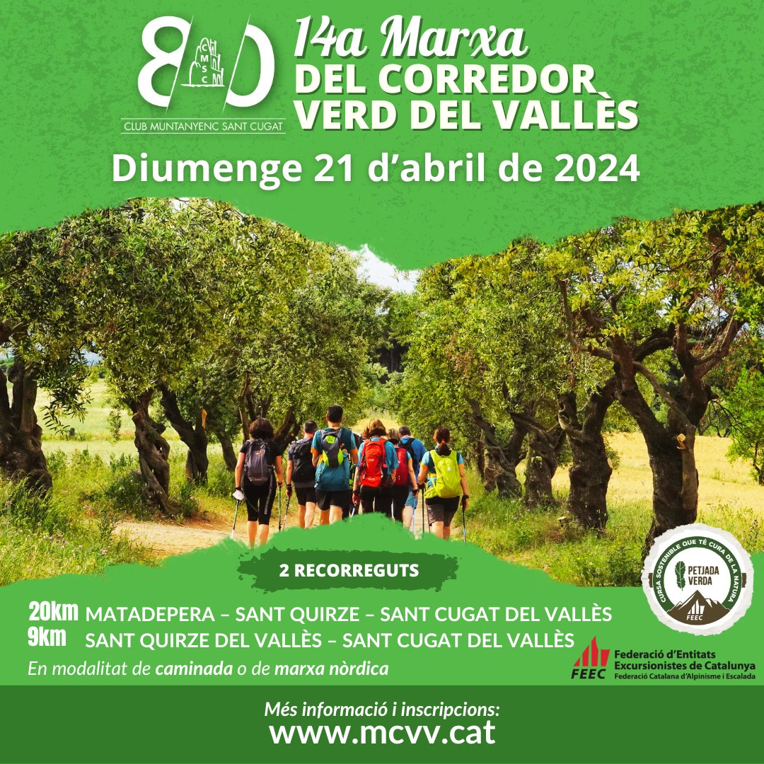 INSCRIU-TE LA MARXA DEL CORREDOR VERD DEL VALLÉS 🗓️Diumenge 21 d'abril de 2024 📏 2 recorreguts: de 20 km i de 9 km. 🚶‍♂️En modalitat de caminada i modalitat de marxa nòrdica. Més informació i inscripcions👇 mcvv.cat